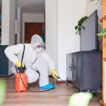 Professional doing pest control in the winter.