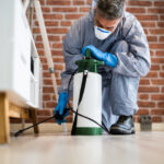A hired certified pest control technician providing effective pest management services for a residential home.