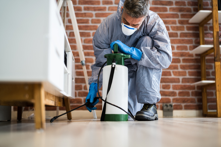A hired certified pest control technician providing effective pest management services for a residential home.
