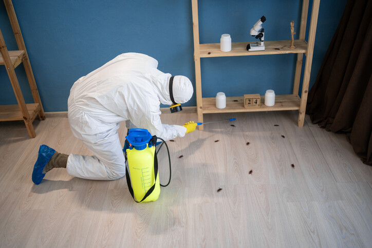 A professional in a white hazmat suit and respirator uses a specialized sprayer to demonstrate how do pest control get rid of cockroaches by treating a floor and wooden shelving unit in a home.