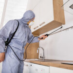 A technician in full protective gear spraying a kitchen, illustrating how to choose the best pest control company based on safety standards and professional equipment.