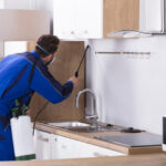 Residential vs commercial pest control shown by a technician performing pest treatment in a home kitchen environment.