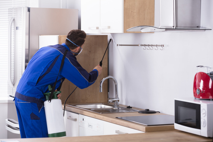 Residential vs commercial pest control shown by a technician performing pest treatment in a home kitchen environment.