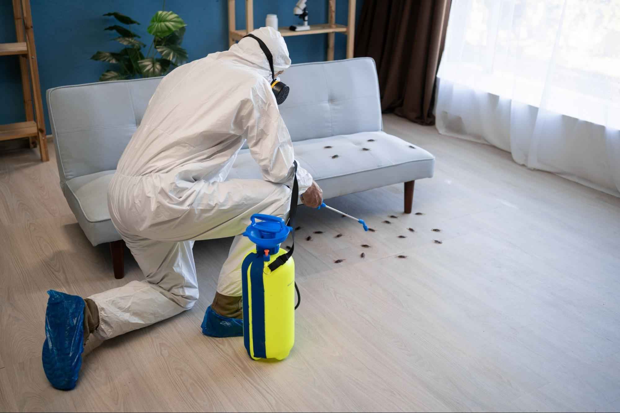 Pest control technician spraying treatment to eliminate cockroaches on living room floor during professional pest control service.